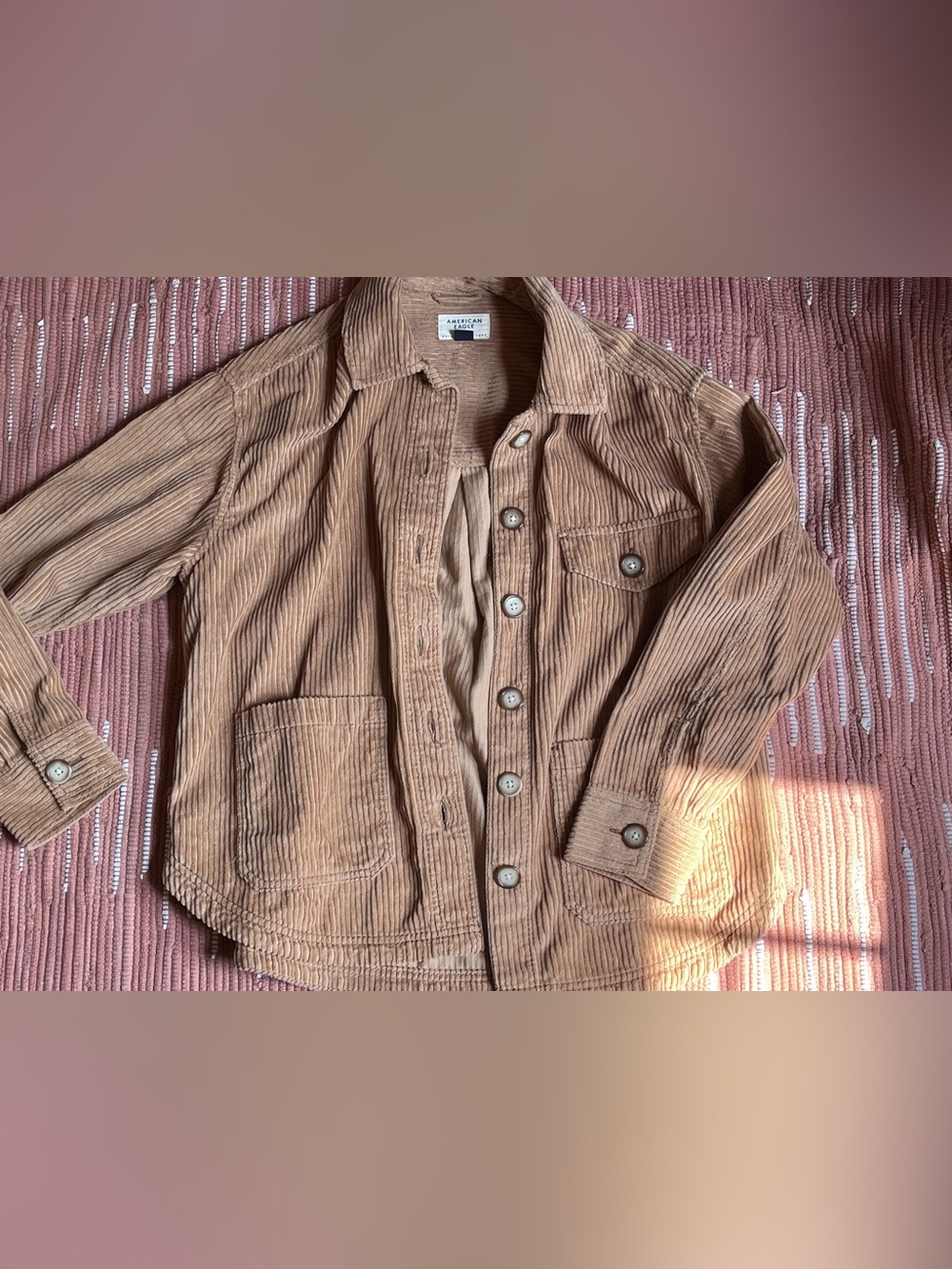 AMERICAN EAGLE Corduroy Button-Up Shacket in Camel